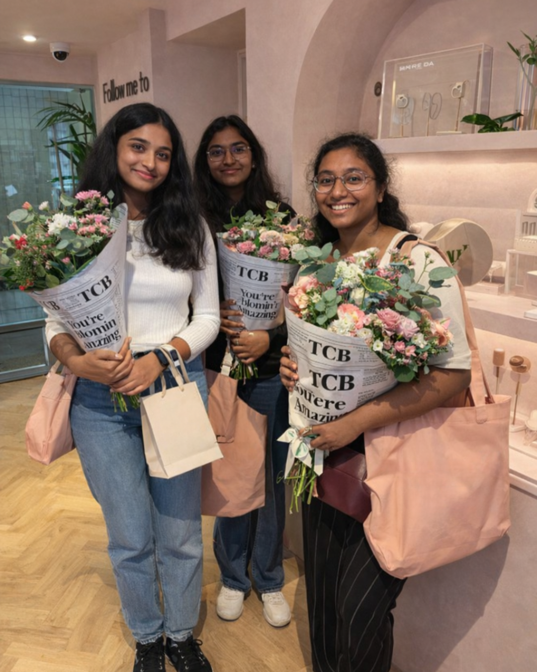 Three young women smiling and holding bouquets of pink and white flowers wrapped in newspaper, standing inside a store or cafe with pastel-colored walls and decorative plants.
