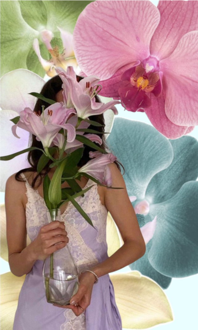 A woman in a lilac dress holding a vase with pink lilies in front of a colorful, floral-patterned background featuring large orchid flowers in pink, green, blue, and yellow.