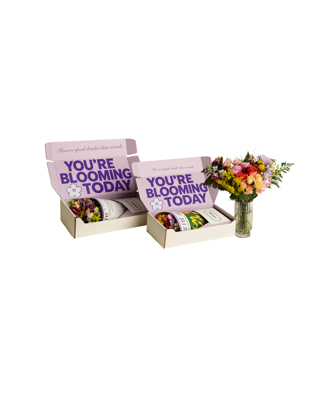 Two boxes of floral arrangements with the message 'You're blooming today' and a vase of colorful flowers on the right.