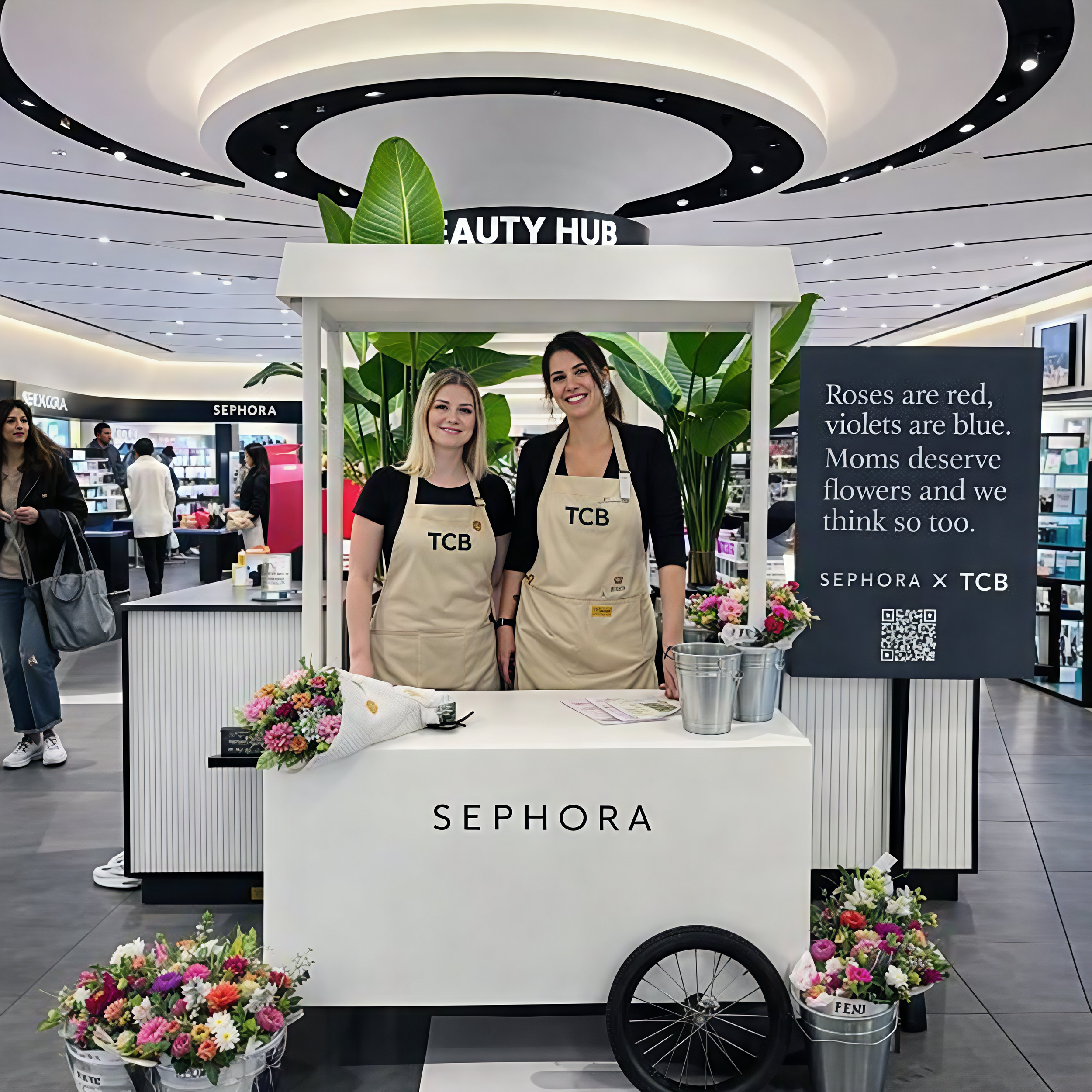 Two women standing behind a white SEPHORA cart with flowers, under a sign that says 'BEAUTY HUB'. They are smiling, wearing aprons with the letters 'TCB'. There is a sign with a poem about flowers and mothers, a QR code, and a bouquet. The store is in the background with people shopping.