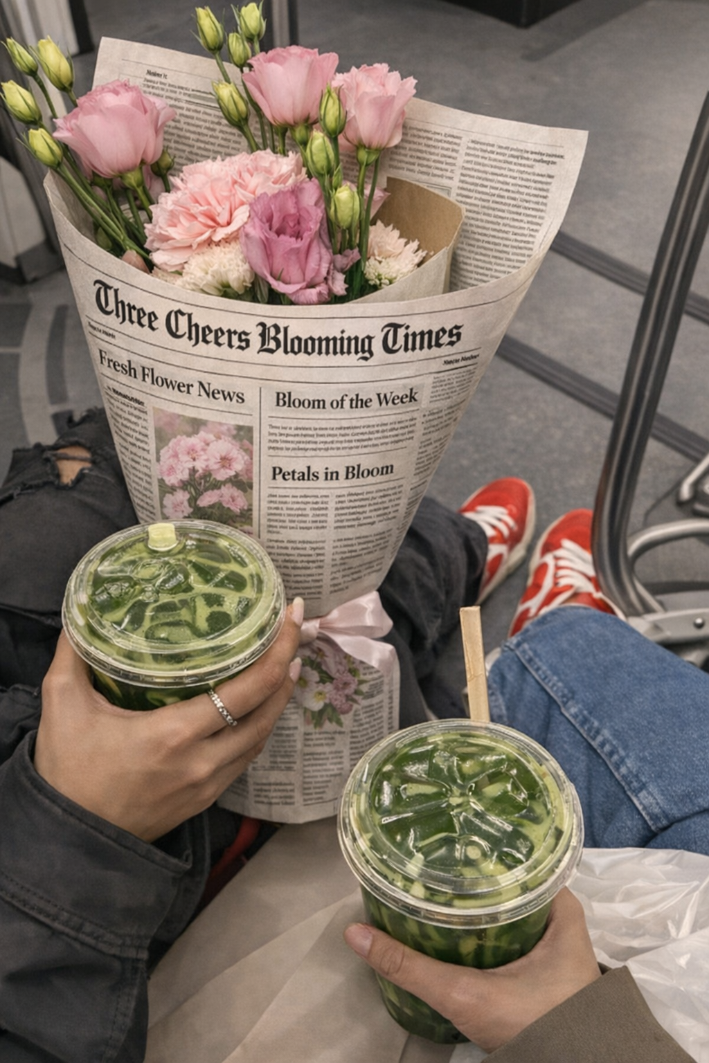 Person holding a bouquet of pink and white flowers wrapped in newspaper designed to look like a newspaper, with two cups of iced green tea or matcha with ice and lime slices, seated at an airport or train station.