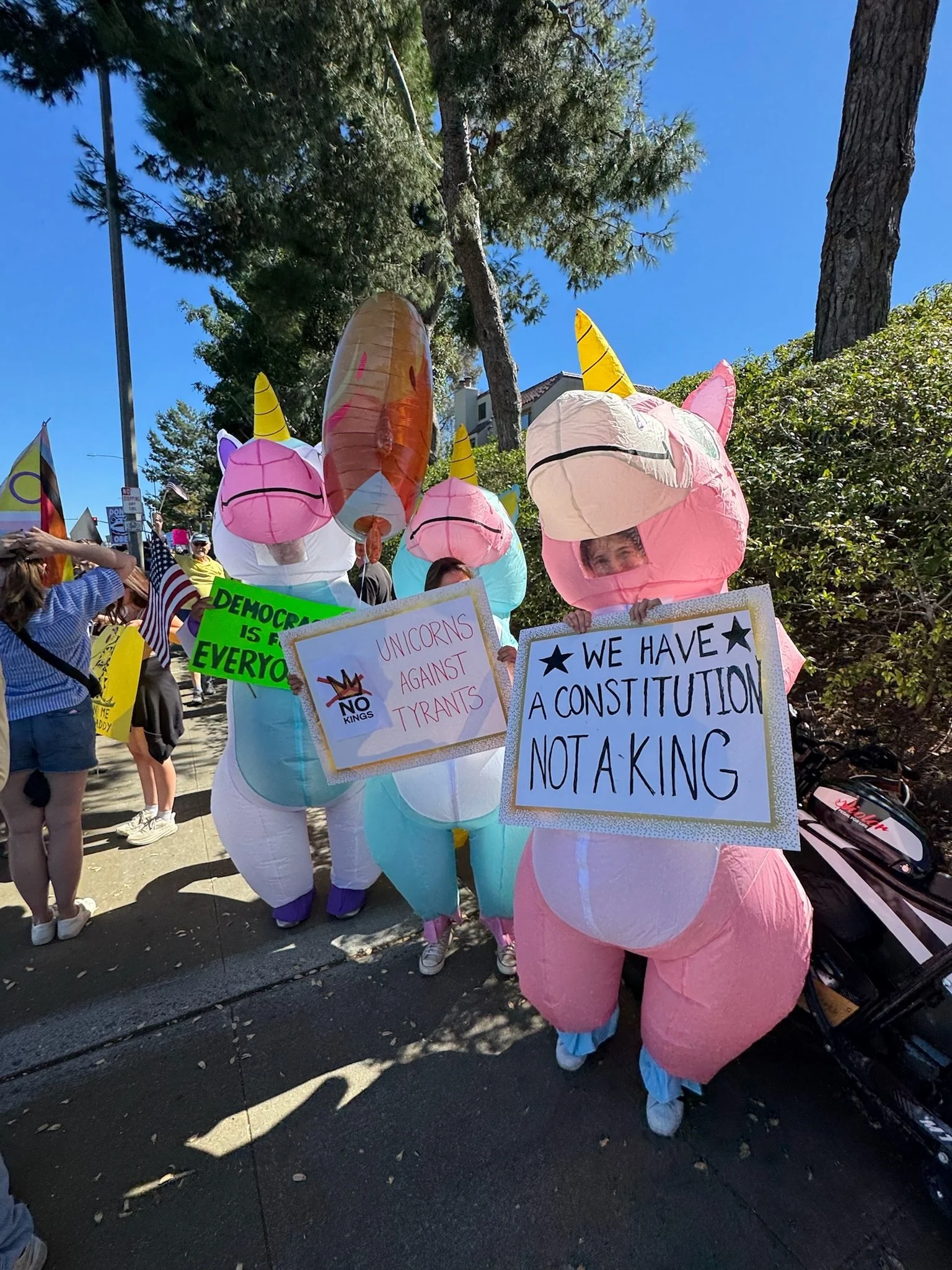 People dressed in unicorn costumes holding protest signs at a demonstration, with trees and a clear blue sky in the background.