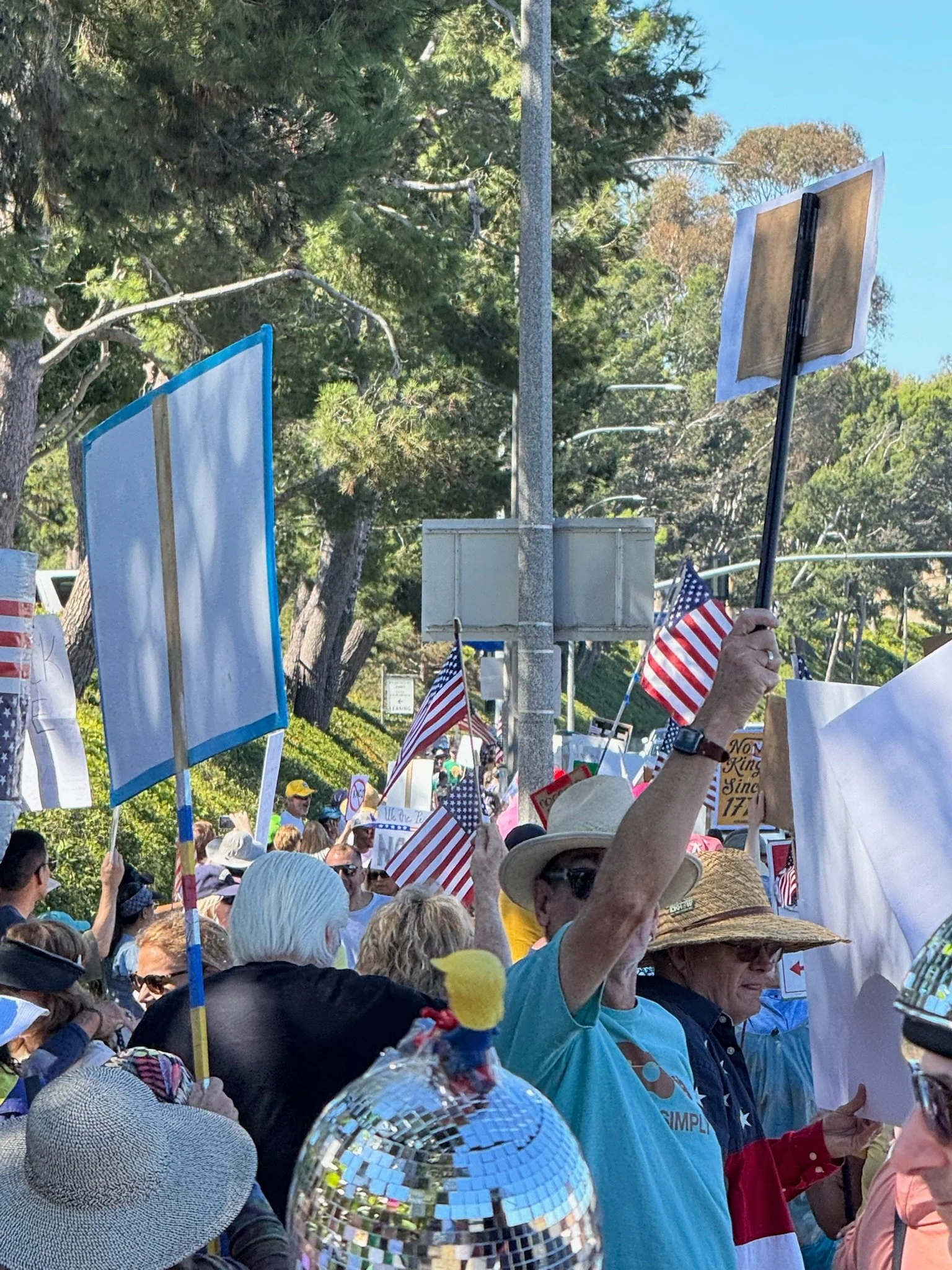 A group of people gathered outdoors, some holding American flags and signs, participating in a rally or protest.