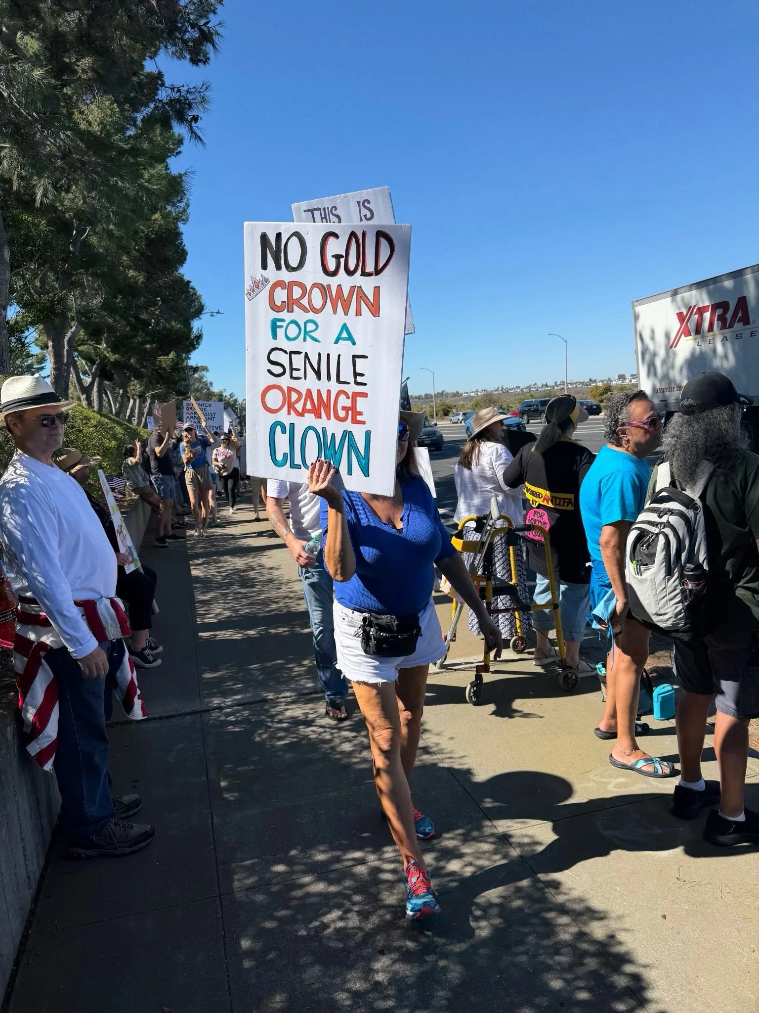 A protestor holding a sign that reads 'This is NO GOLD CROWN for a SENILE ORANGE CLOWN' during a demonstration on a sidewalk, with other protesters in the background and a busy road beside them.