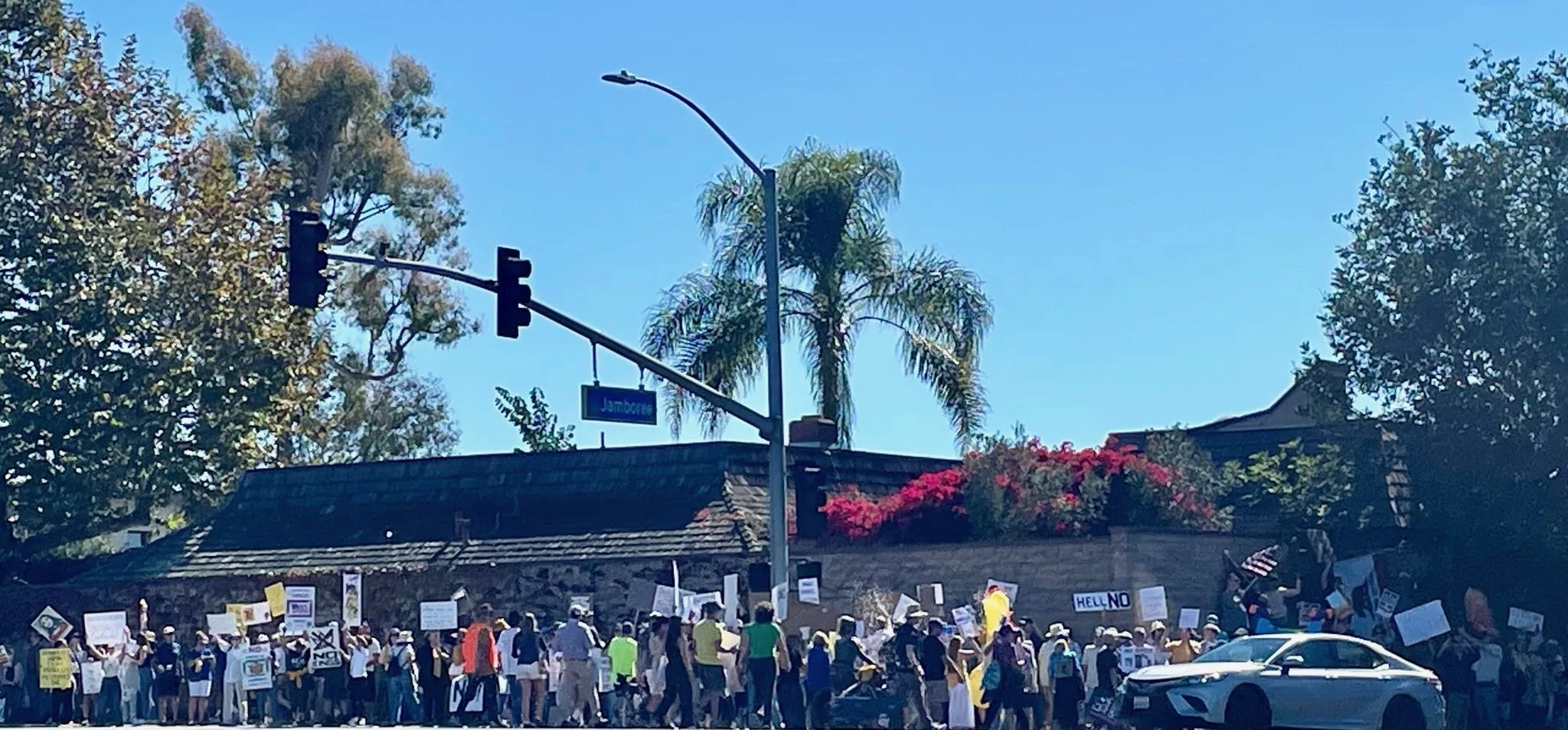 A large group of people gather on a street corner holding signs and banners, participating in a protest or demonstration. The background includes trees, a house with a tiled roof, and a blue street sign that reads 'Jamboree.' A white car is parked on