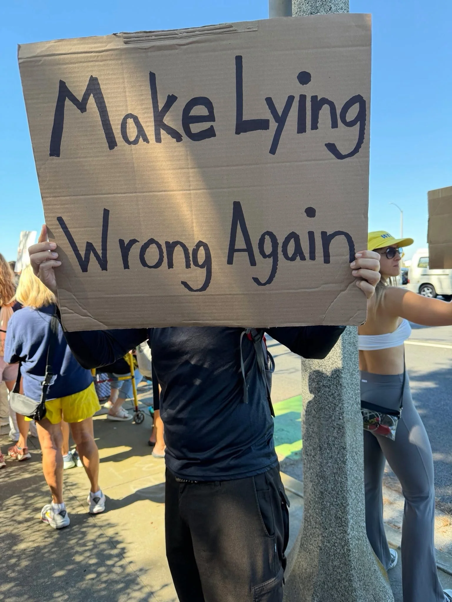 Person holding a cardboard sign that reads 'Make Lying Wrong Again' at a protest or rally, with other participants in the background.