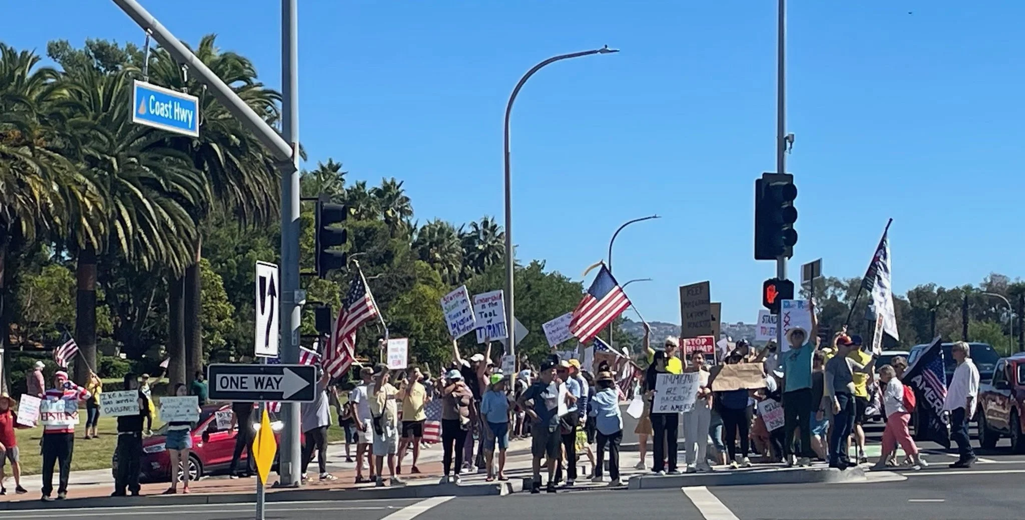 A large group of people protesting at a street intersection, holding American flags and various signs, with traffic lights and street signs visible, under a clear blue sky.