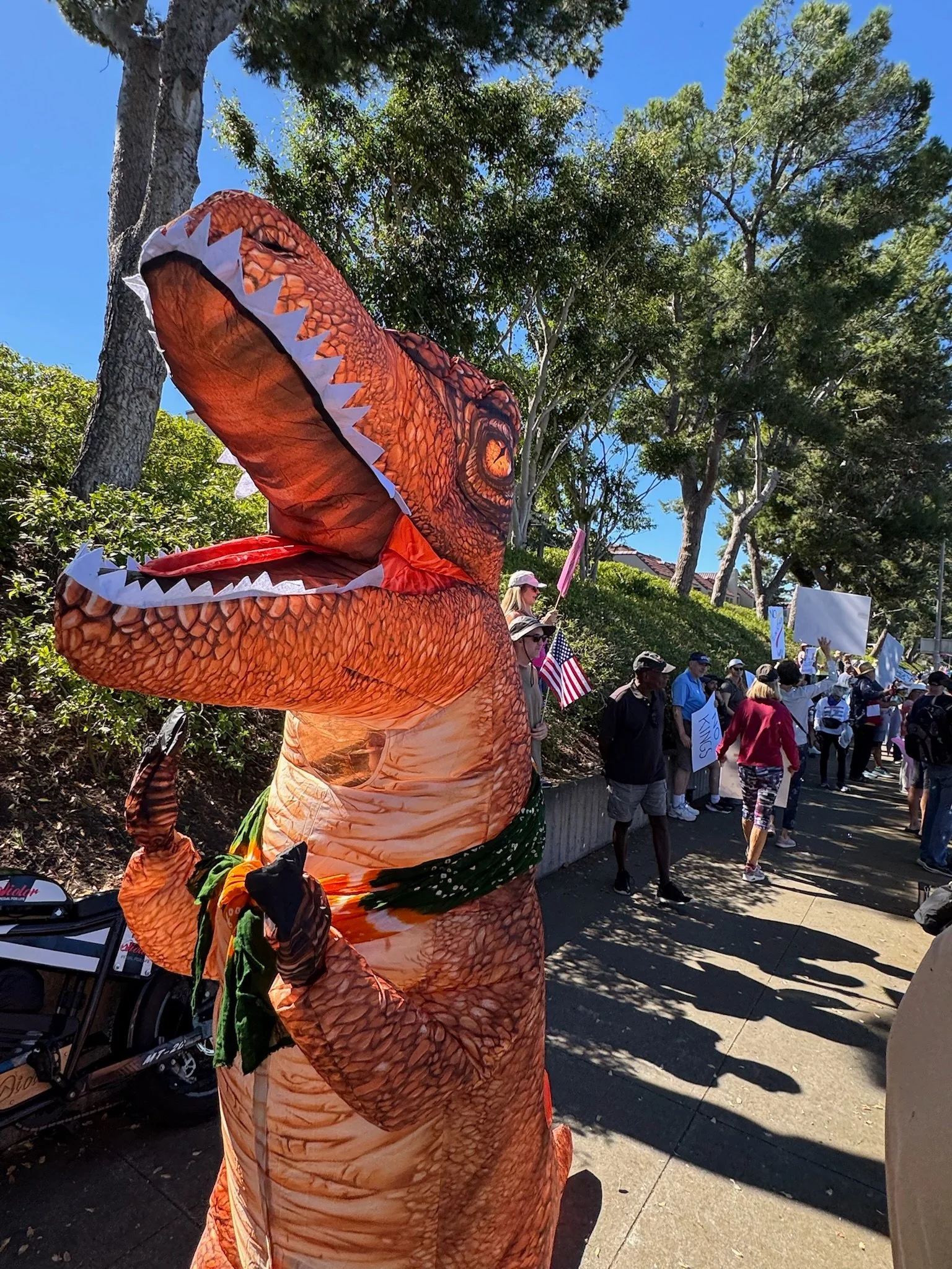 Person dressed in a T-Rex dinosaur costume participating in a protest or demonstration, with a group of people holding signs and flags in the background.