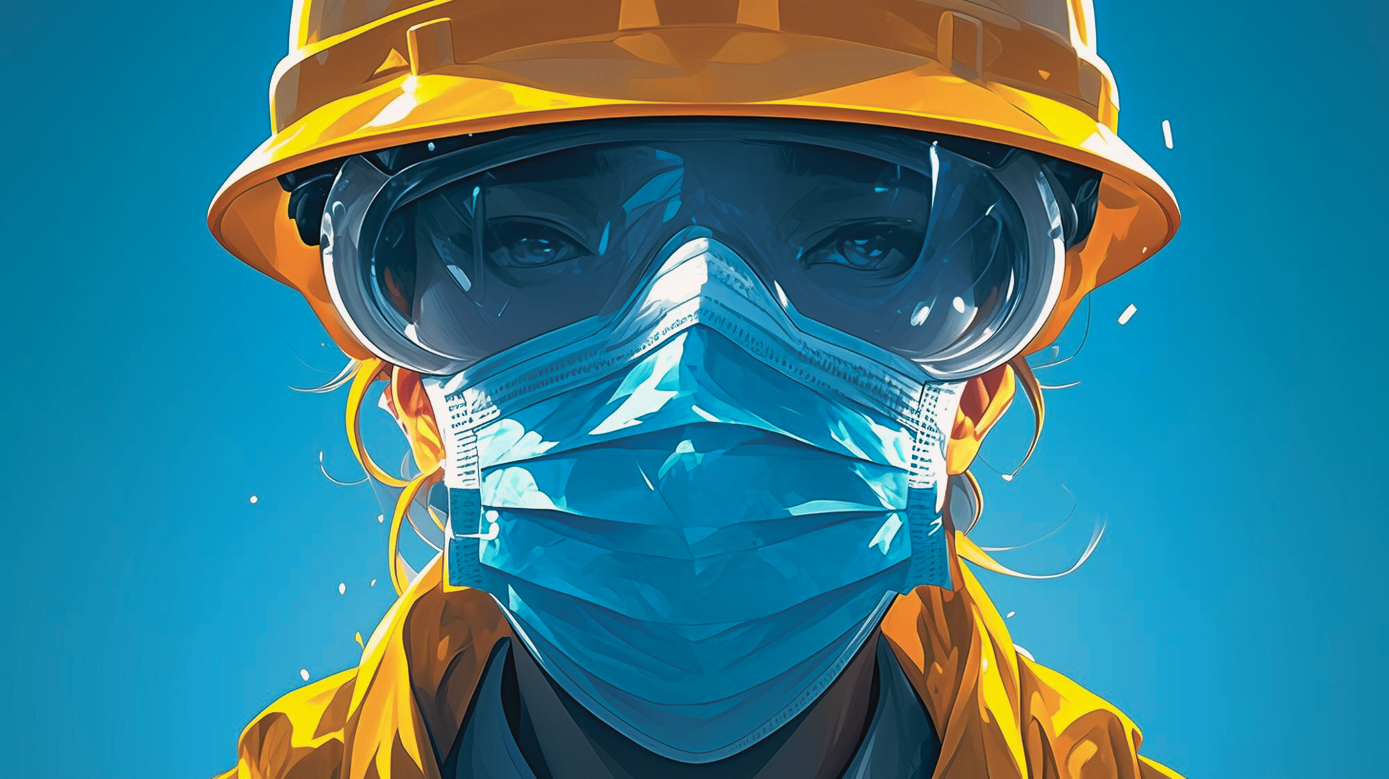 Digital illustration of a worker in protective gear, including a yellow hard hat, goggles, and a blue face mask, against a blue background.