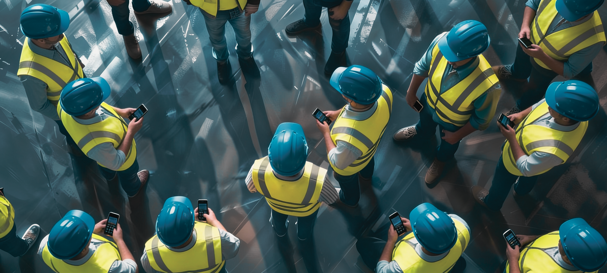 A group of construction workers wearing blue safety helmets and yellow safety vests gathered in a circle, looking at their smartphones.
