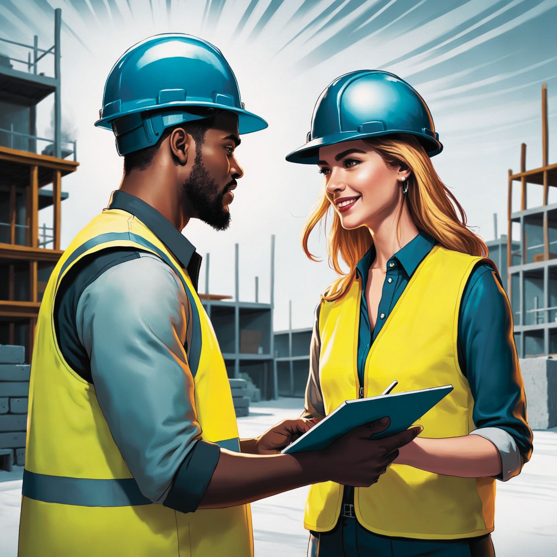Two construction workers, a man and a woman, standing on a construction site, facing each other. They are wearing yellow safety vests and blue hard hats, with a building under construction in the background.