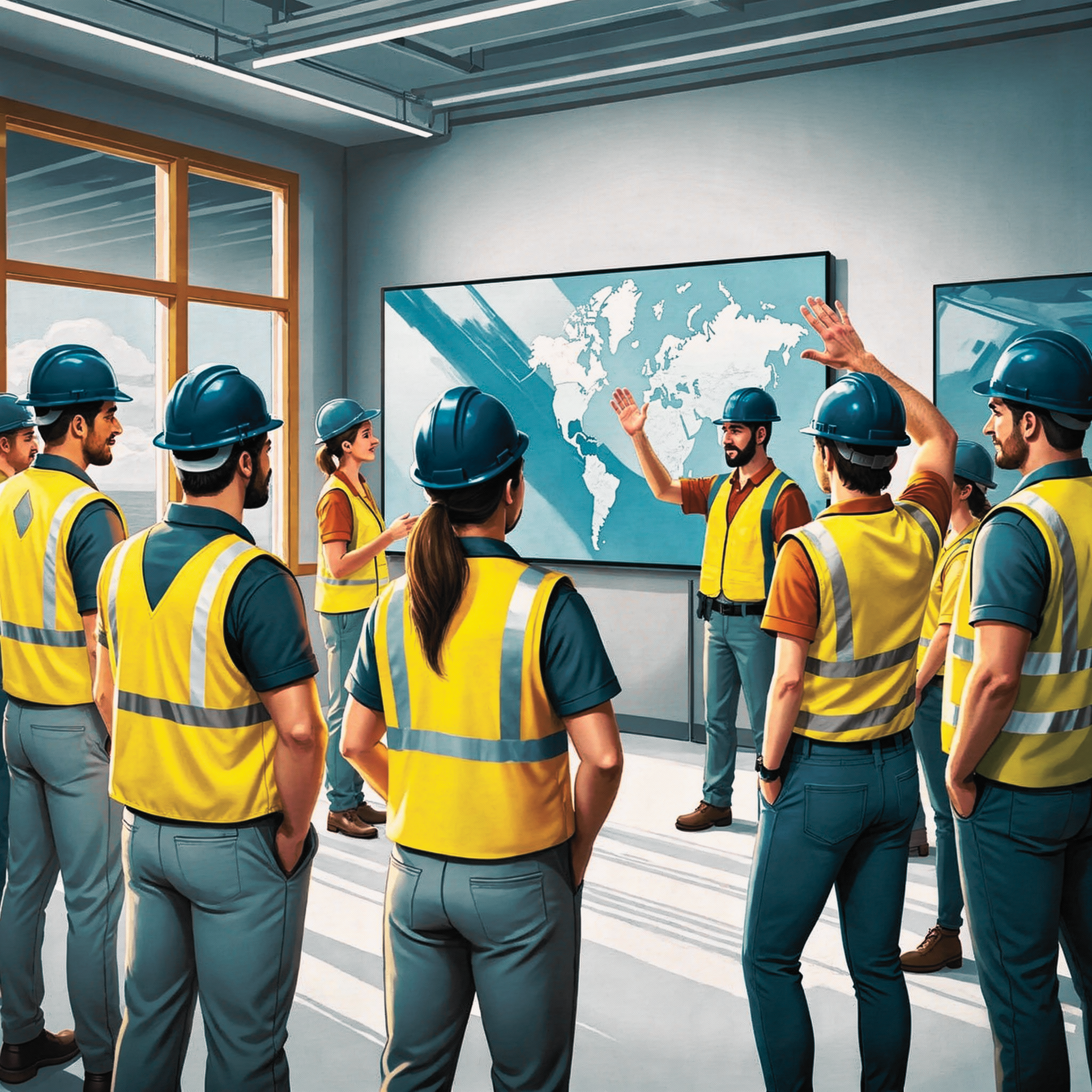 A group of construction workers, wearing yellow safety vests and blue helmets, attending a briefing in a room with large windows and a digital map of the world on display.