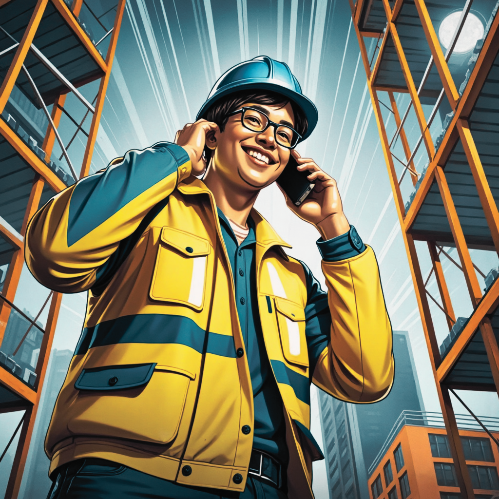 A smiling construction worker wearing glasses and a blue safety helmet talking on the phone while standing among construction scaffolding in a city.