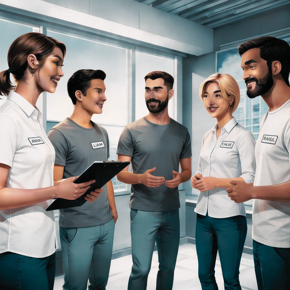 Five colleagues having a conversation in an office, with two women and three men, all wearing ID badges.