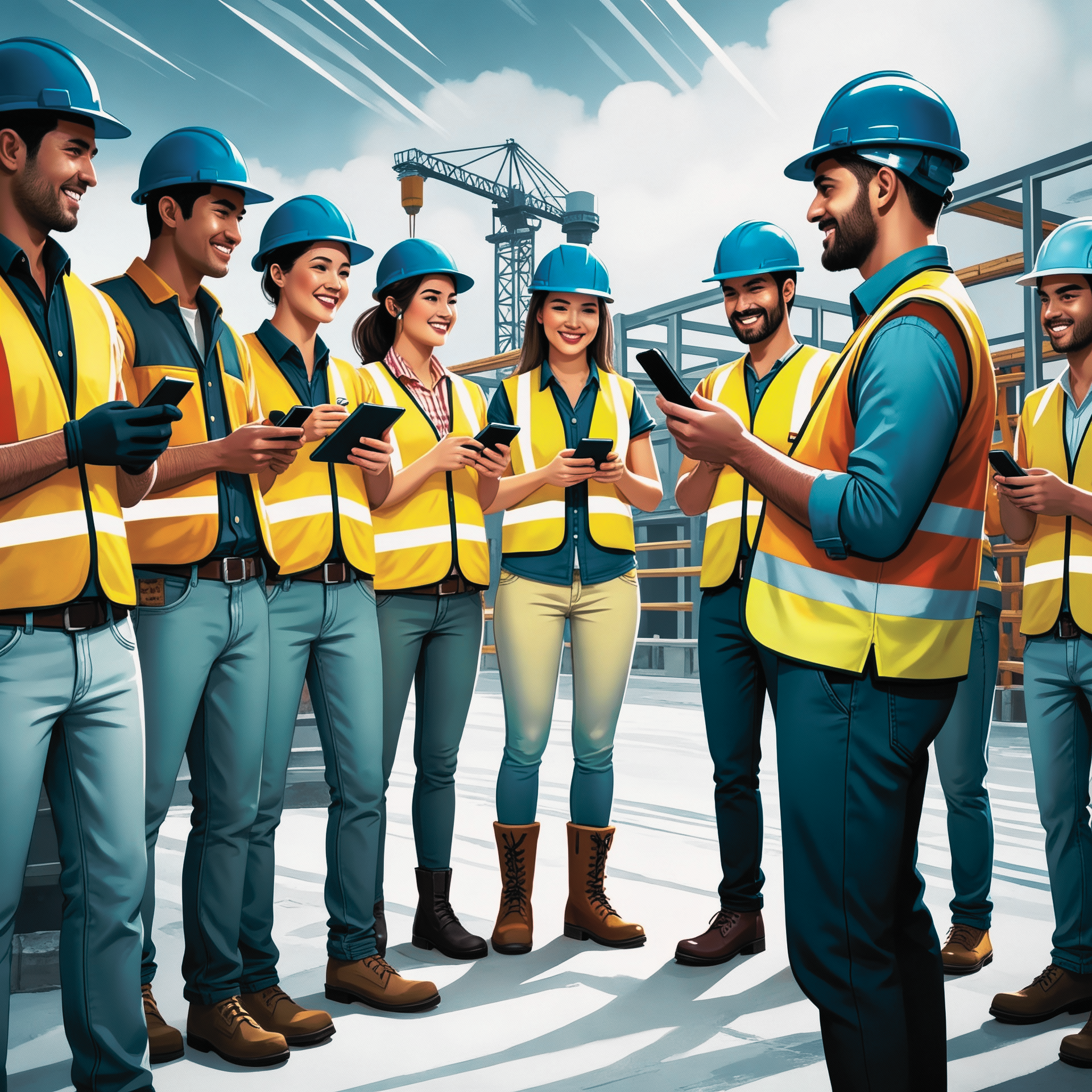 Group of construction workers wearing yellow safety vests and blue hard hats at an outdoor construction site, holding smartphones