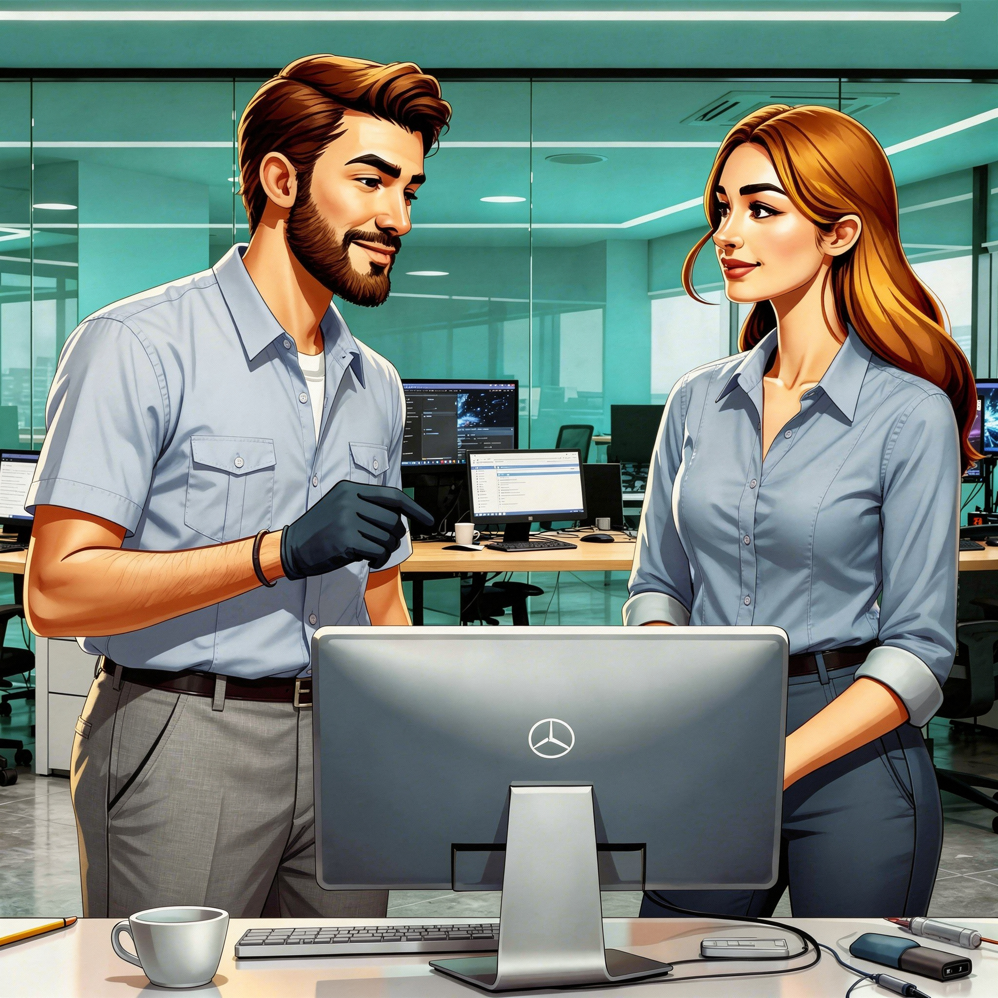 A man and woman in an office engaged in a conversation, with one pointing at a computer monitor. The office has multiple desks with computers, and the scene is brightly lit.