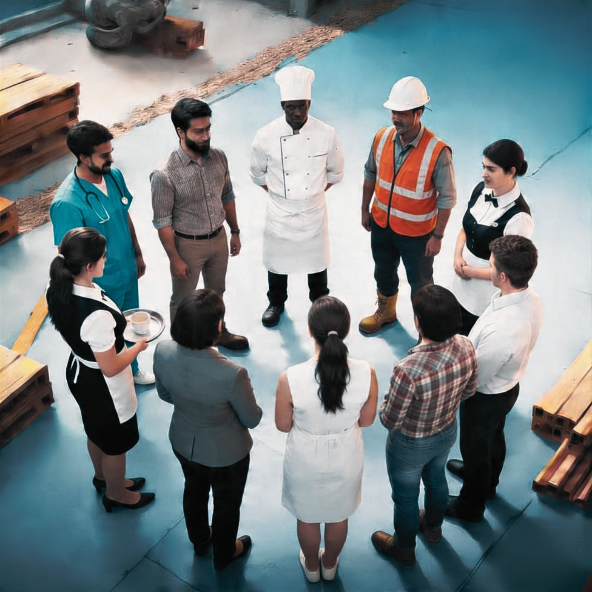 Group of people standing in a circle indoors, some wearing uniforms, including a chef's hat and construction helmet.