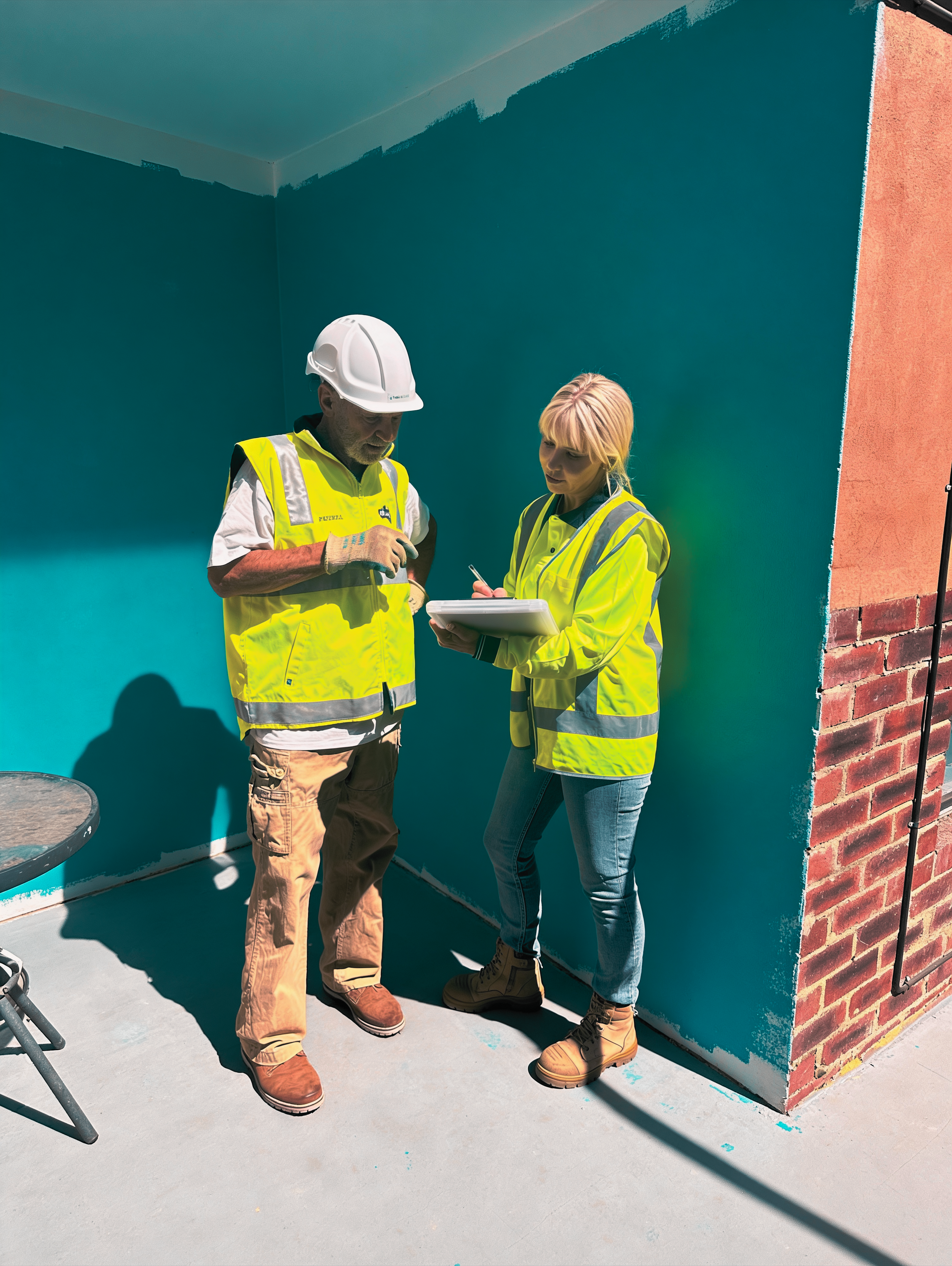 Two construction workers, a man in a white hard hat and a woman with blonde hair, wearing yellow safety vests, are standing outside on a construction site, discussing something while taking notes.