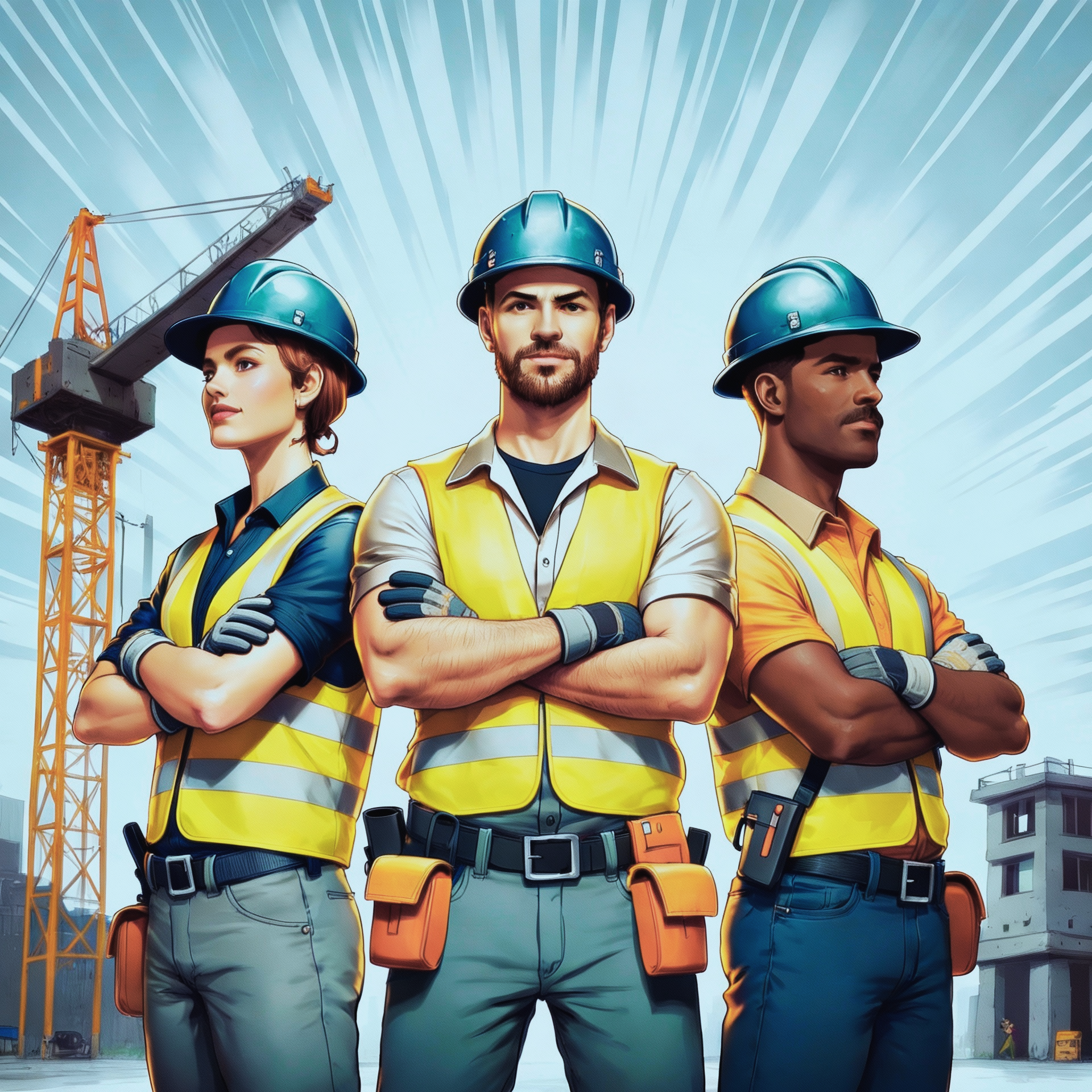 Three construction workers wearing blue helmets and yellow safety vests stand with arms crossed in front of a construction site with a crane and buildings.