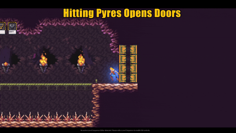 These stone and gold braziers with gemstones are called Pyres, but they're not all lit up yet. Hitting a certain amount of them will open up new doors across the map.