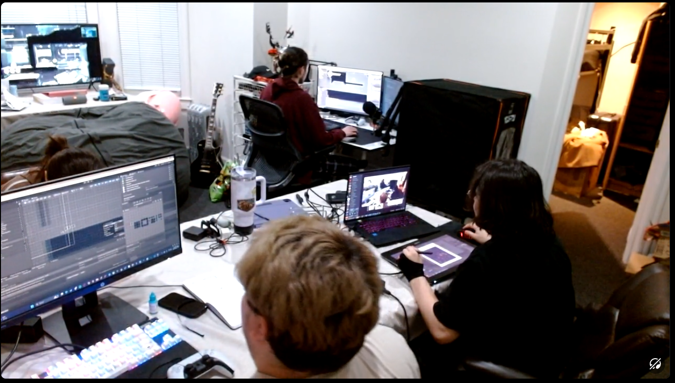 Our friends started to help us produce assets, with one being fully remote. We set up our dorm room with all our computers and devices at a large table we bought just so we could work facing each other. Now we could stay connected anywhere anytime. I