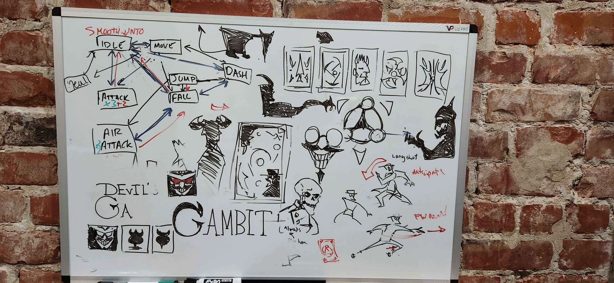 We used to do mood sketches to explore the visual themes of the game. You can also see early animation graphs in the top left.