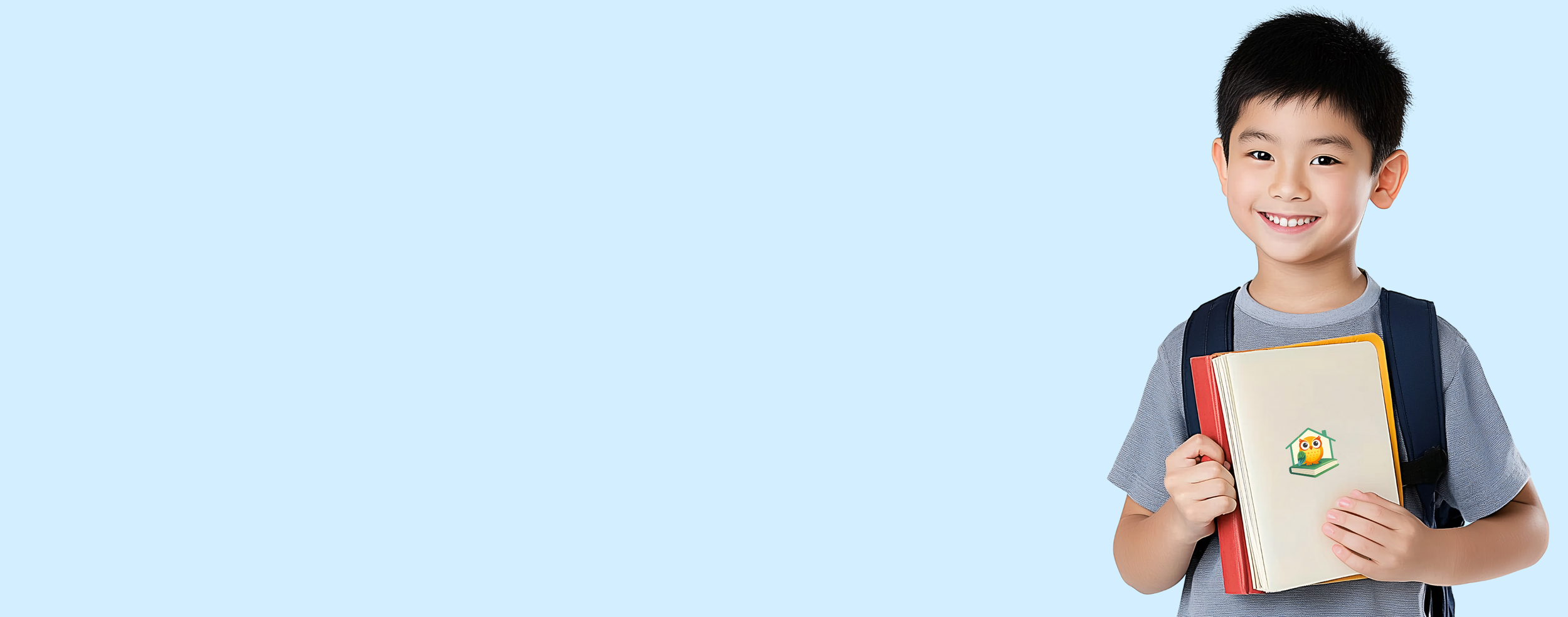 A young boy with short black hair smiling, wearing a gray shirt and carrying a blue backpack, holding a notebook with an owl sticker on the cover, standing against a light blue background.