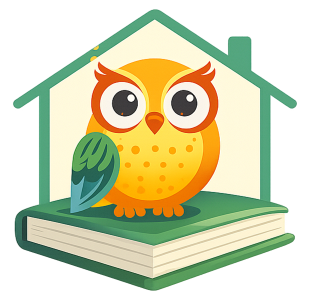 A cartoon owl sitting on a closed book inside a house-shaped frame.