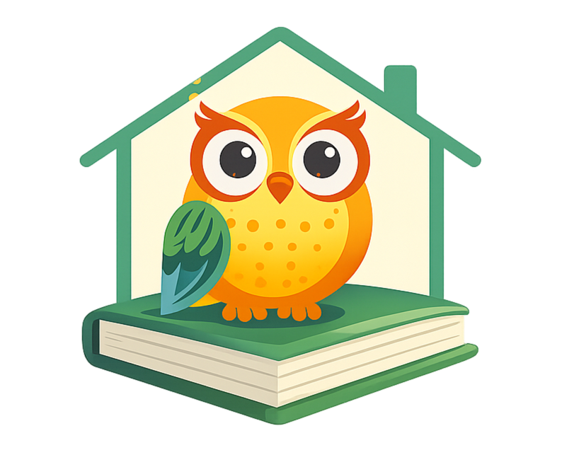 A cartoon owl sitting inside a small green house perched on a closed book.