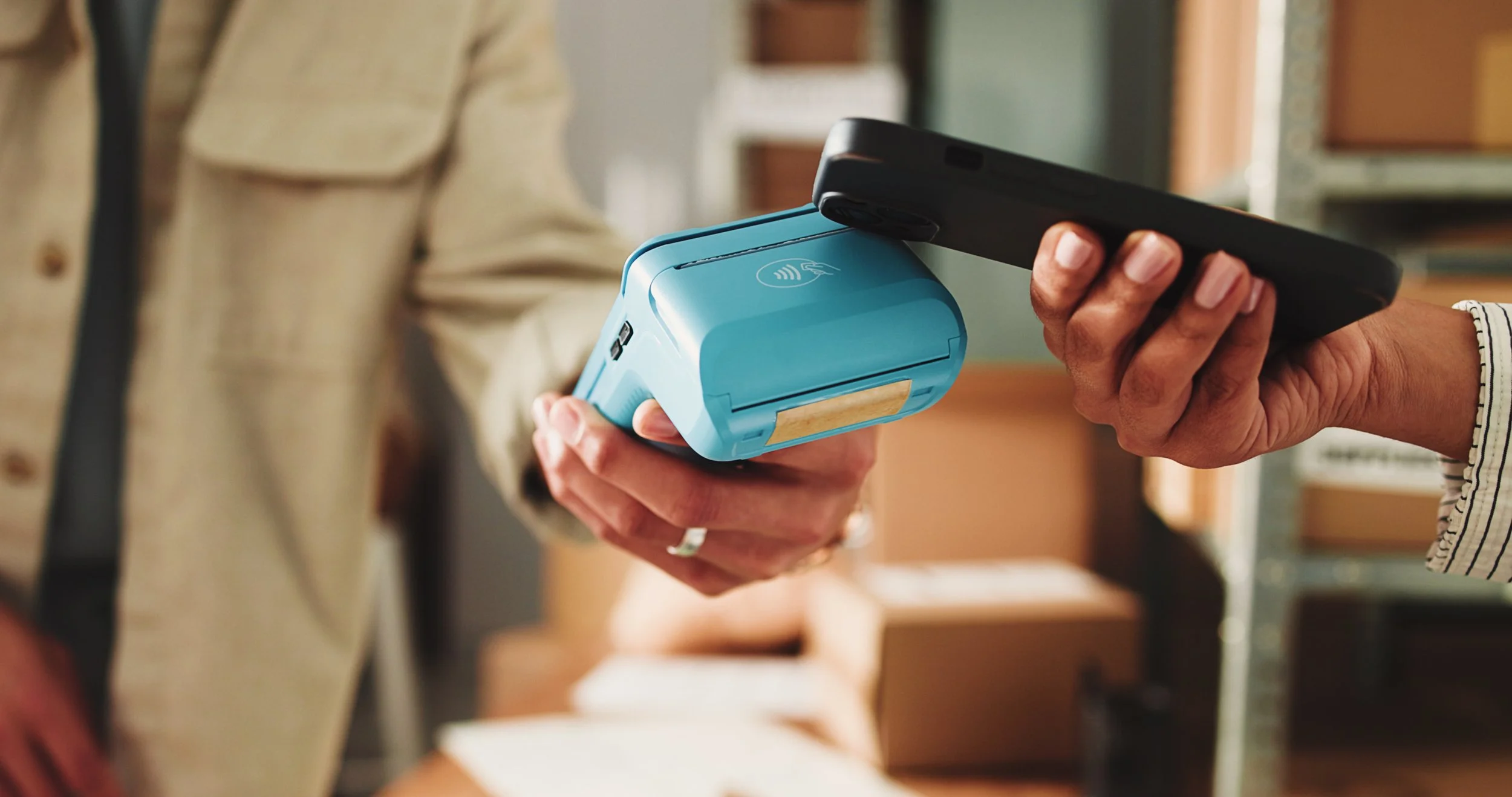 Customer making contactless payment on POS terminal using integrated retail point of sale system