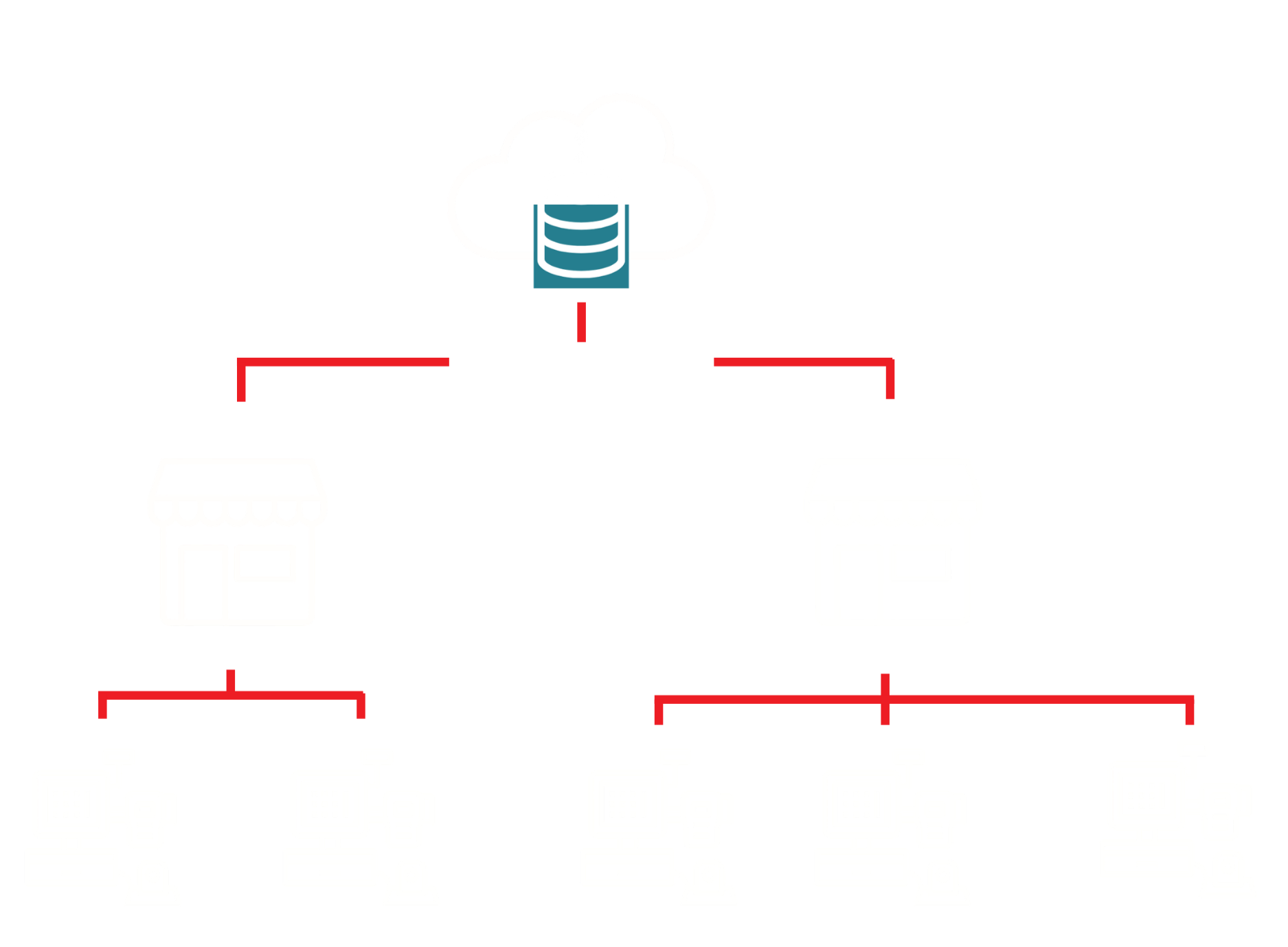 Diagram showing a cloud server connected to two brick-and-mortar stores, each with multiple computers. The connection allows sending and receiving data between the cloud and the stores.