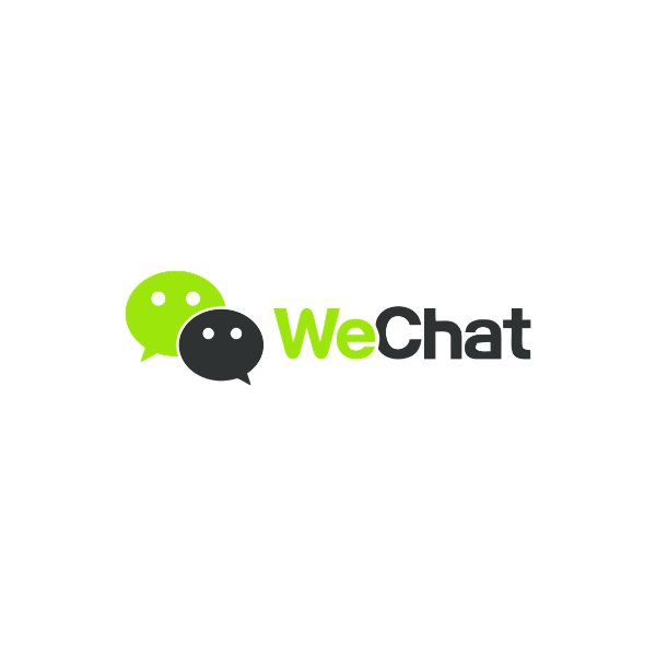 WeChat logo with two overlapping speech bubbles, one green and one black, and the text 'WeChat' in green and black.