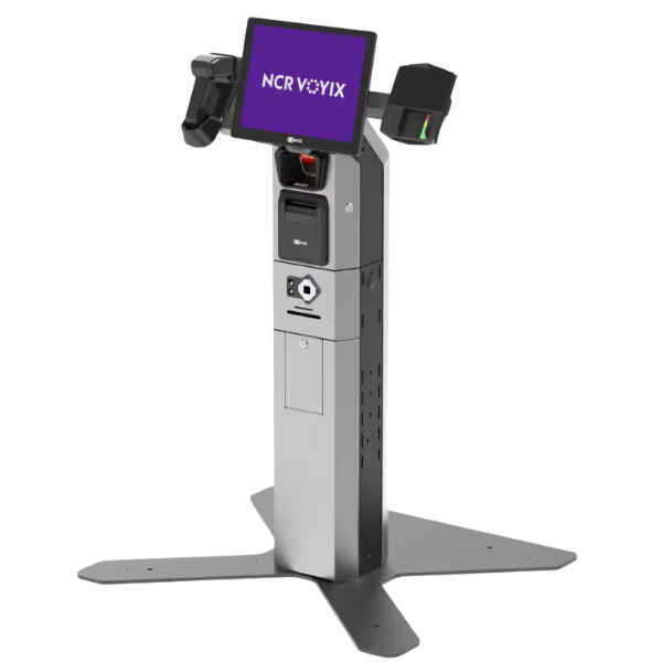 NCR self checkout kiosk with barcode scanner, card reader, and POS system for automated retail transactions