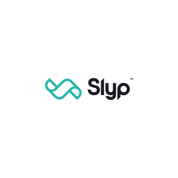Slyp logo with stylized turquoise icon and black text on a black background.
