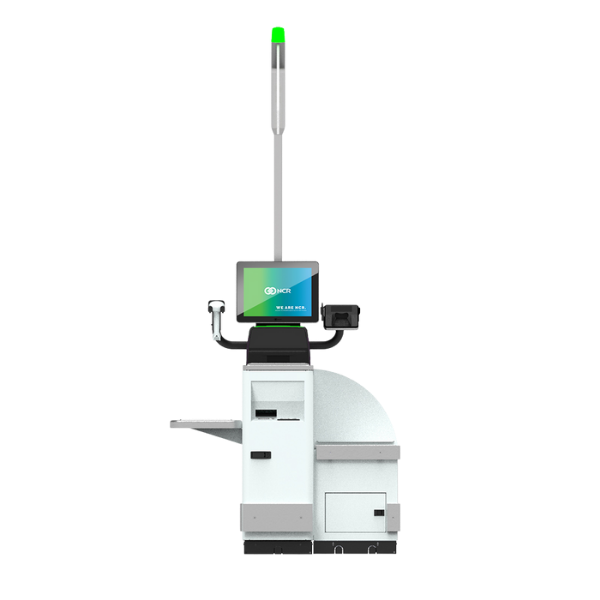 NCR self checkout machine with digital screen and integrated retail POS system for automated customer transactions
