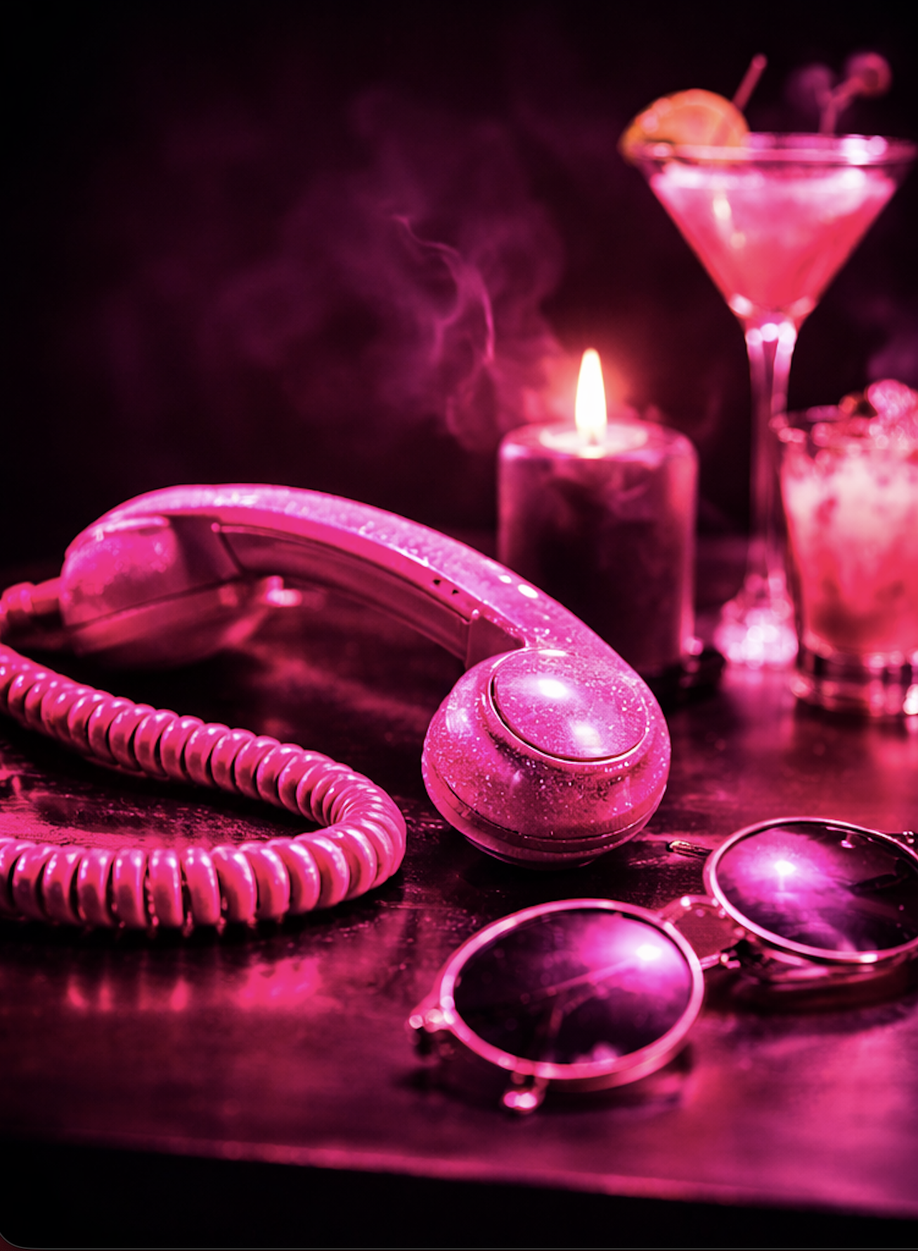 Pink vintage rotary telephone, sunglasses, lit candle, cocktail in martini glass, and drink with lemon on dark table with pink lighting.