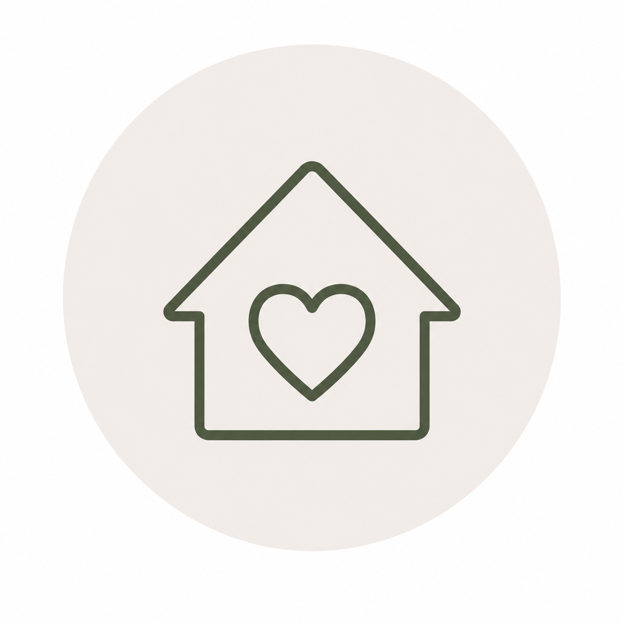 Outline of a house with a heart inside, within a light-colored circle.