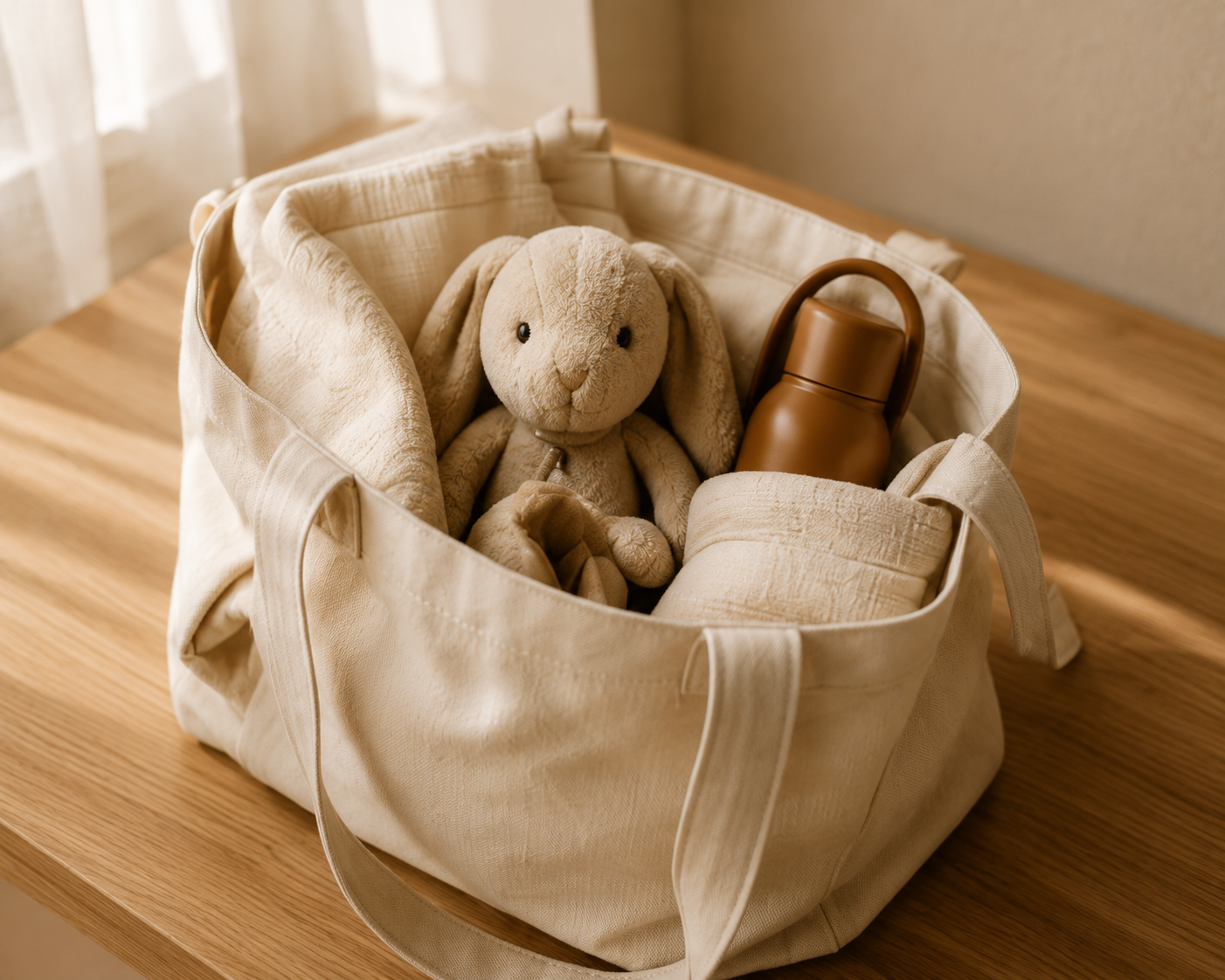 Early Childhood Educator activity bag prepared for private childcare visits with age-appropriate educational materials, books and activities for traveling families.