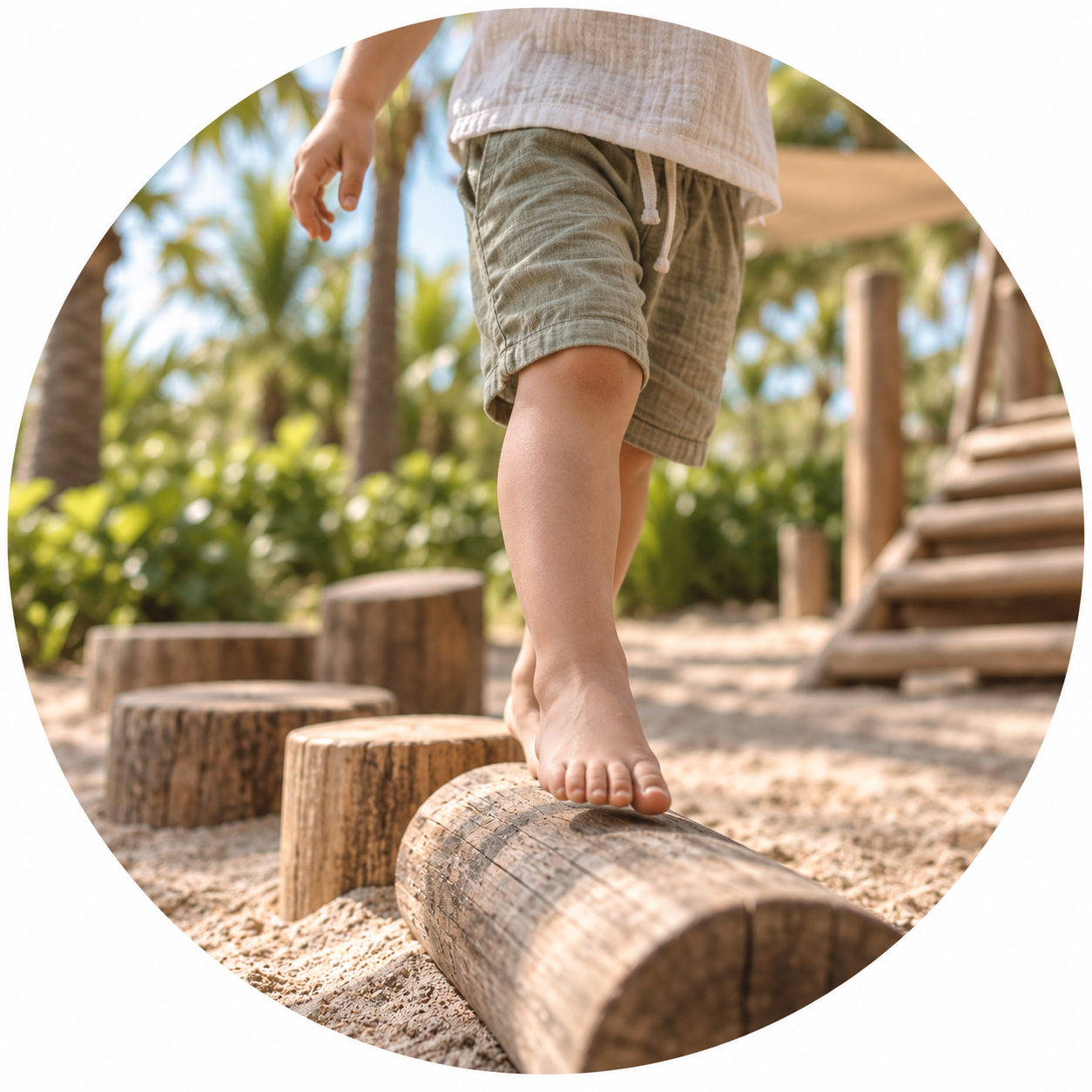 Child enjoying movement-based outdoor play on a wooden balance beam
