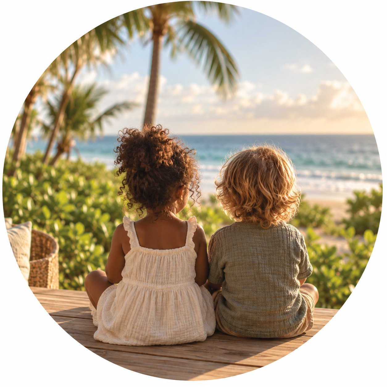 Two children connecting during outdoor play by the beach in the Riviera Maya