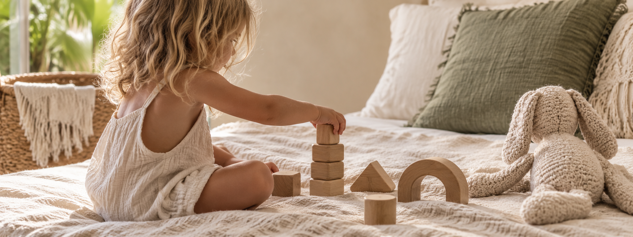 Young child engaged in play-based learning with wooden blocks
