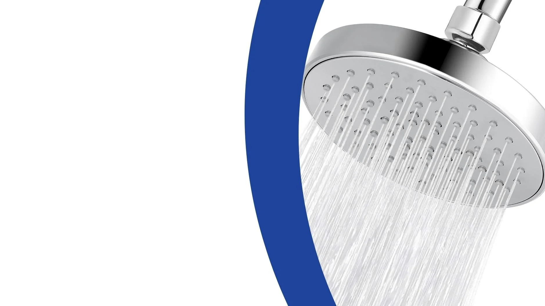 Close-up of a modern chrome showerhead with water streaming out, against a white background with a blue curved design.