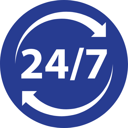 Blue circular icon with '24/7' in the center, surrounded by arrows indicating continuous service.
