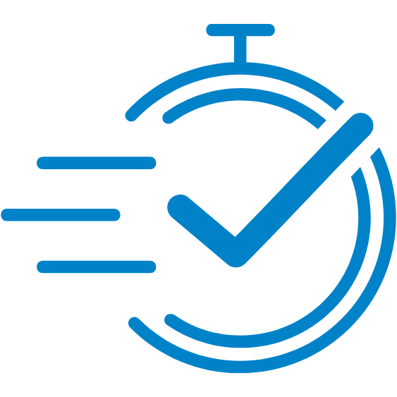 Fast-moving clock with checkmark, symbolizing quick or timely completion.