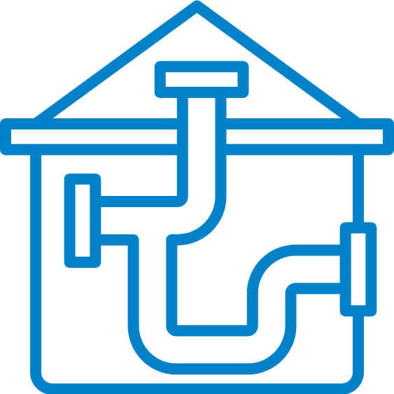 Blue outline of a house plumbing system showing pipes and fixtures inside the walls.