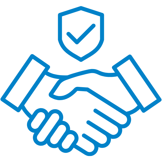 Outline drawing of a handshake with a shield and checkmark above it, symbolizing trust and security.