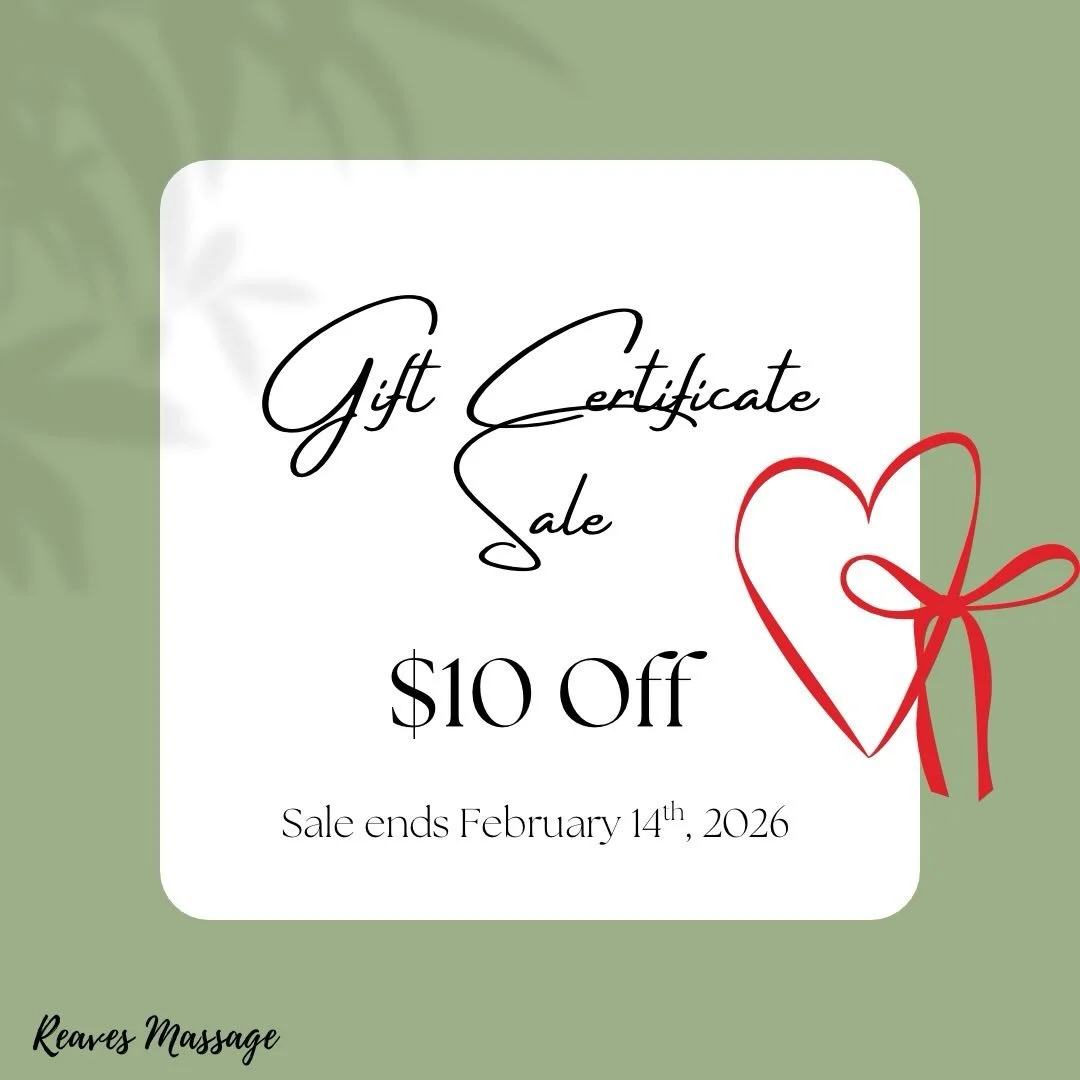 🎁 Valentine&rsquo;s Gift Certificate Sale! 💖
Give the gift of relaxation and wellness this Valentine&rsquo;s Day.

✨ $10 OFF all gift certificates until February 14th! ✨
Perfect for your partner, a loved one, or a little self-care treat for yoursel