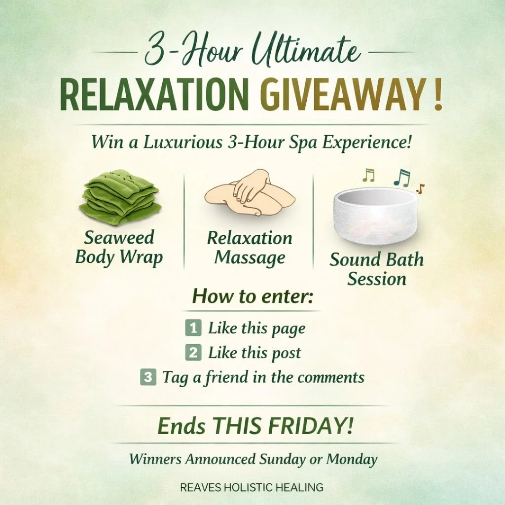 Reminder Alert 🚨 

✨ 3-Hour Ultimate Relaxation Giveaway ✨

One lucky winner will receive: 
🌿 Seaweed Body Wrap 
💆&zwj;♀️ Relaxation Massage 
🎶 Sound Bath Journey 

A full mind, body, and soul reset.

How to enter: 
1️⃣ Like this page 
2️⃣ Like t