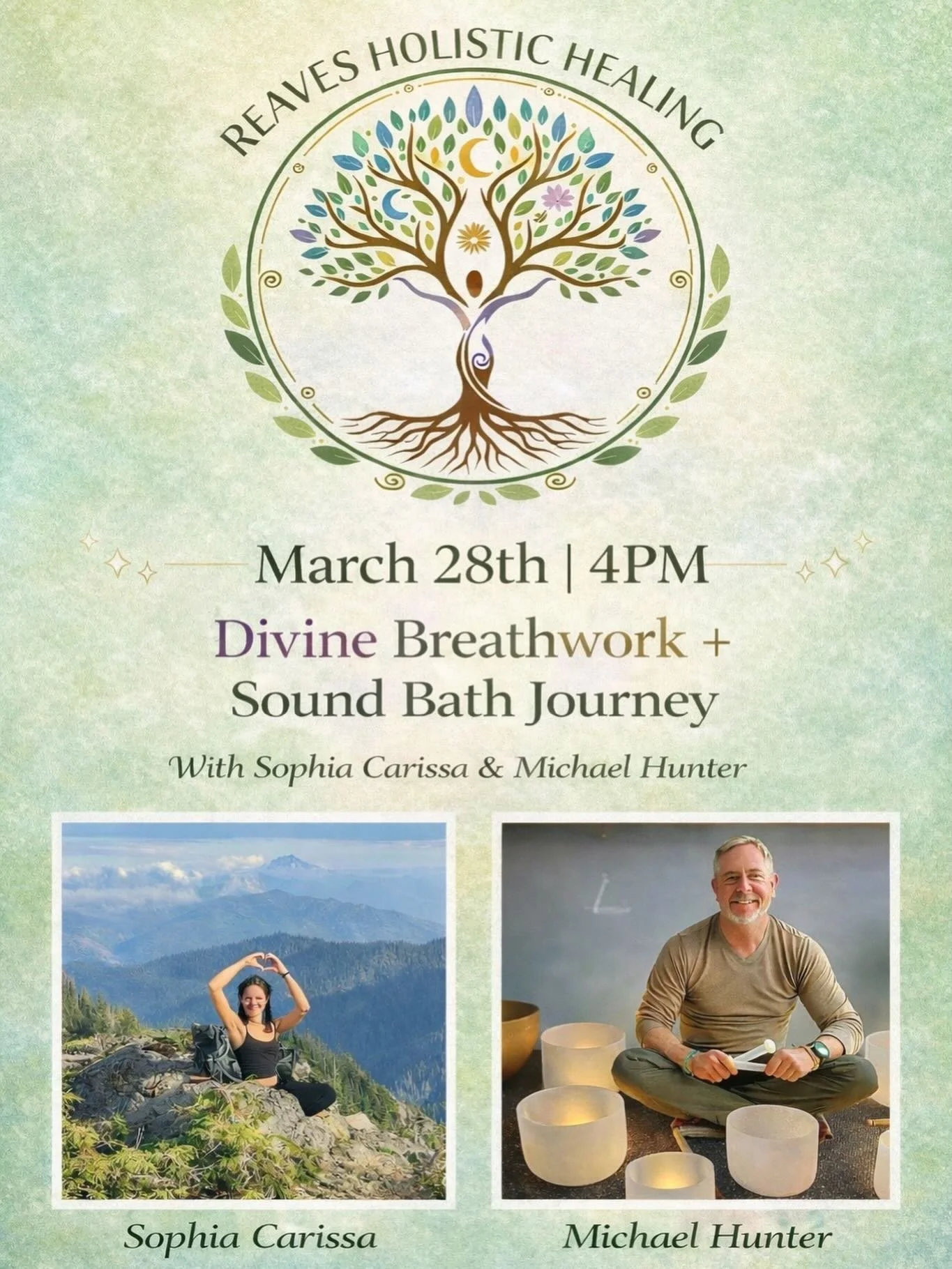 Come join us for a powerful breathwork + sound healing experience ✨ *SPOTS ARE LIMITED*

Breathe, release, and relax as Sophia guides you through Divine Breathwork, while Michael Hunter layers in live sound with crystal bowls and chimes for a deeply 