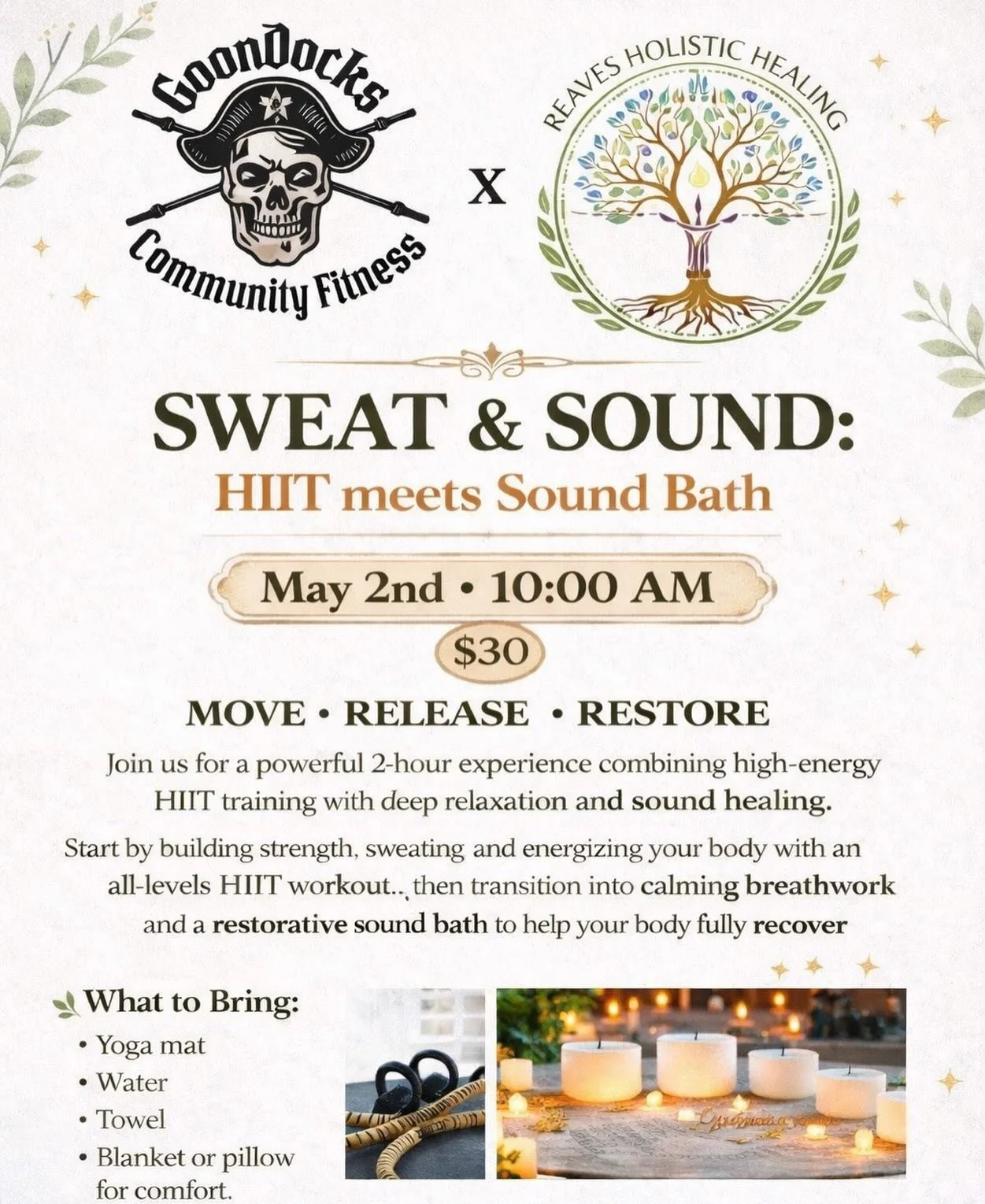 🔥 SWEAT &amp; SOUND: HIIT + Sound Bath Experience 🔥

Reaves Holistic Healing is teaming up with Goondocks Community Fitness for something really exciting &mdash; a 2-hour combo of HIIT + sound bath.

We&rsquo;ll kick things off with a fun, high-ene
